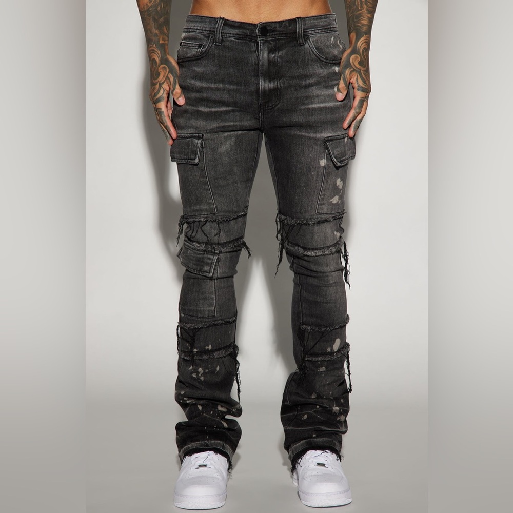 NovaMEN Side Snap Cargo Stacked Skinny Flare Jeans in Black Wash